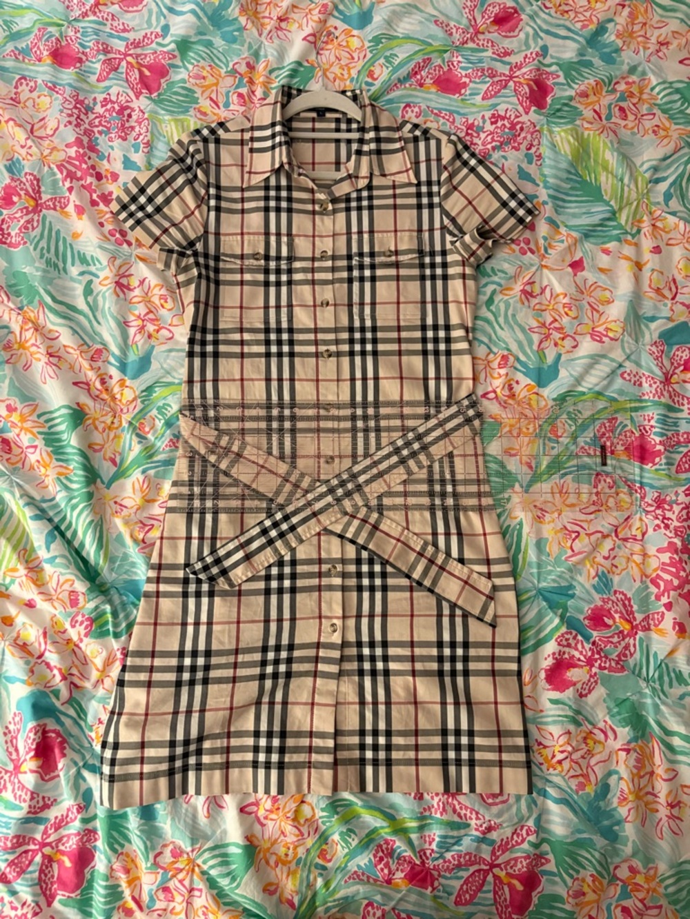 BURBERRY Beige Plaid Button-Front Shirt Dress with Belt - Picture 7 of 12